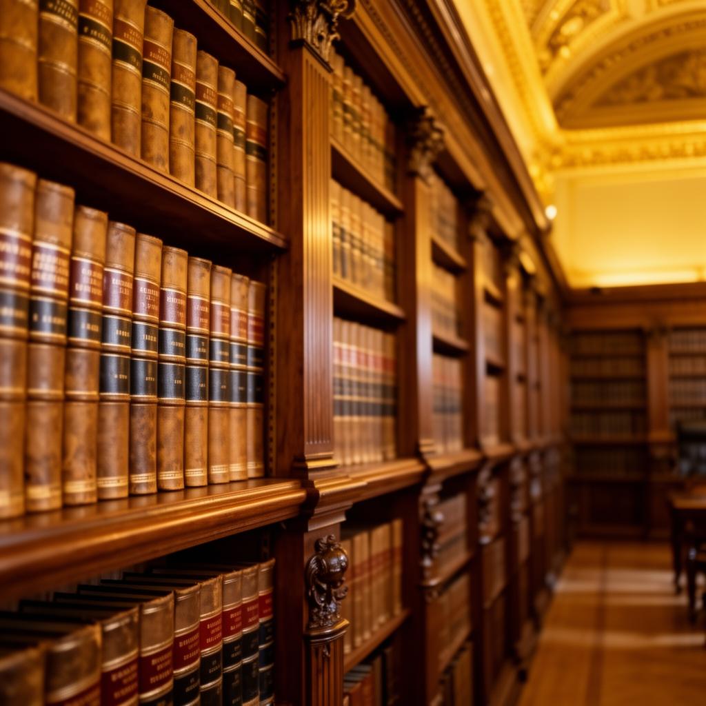 Classic law library with leather-bound legal volumes